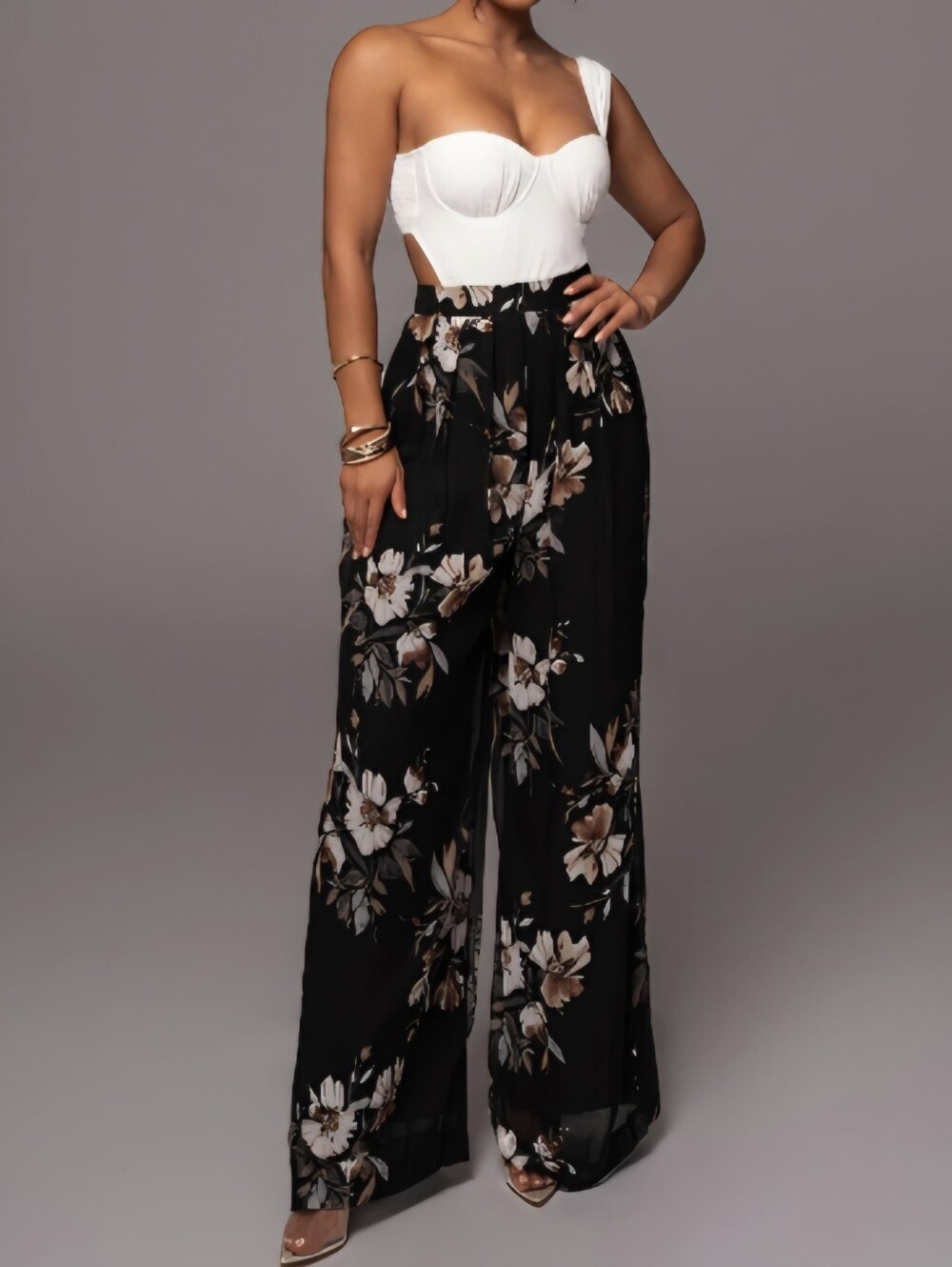 JLuxLabel Floral Josette Wide Leg Pants Flowy Black Gray Cream Sz M NWT